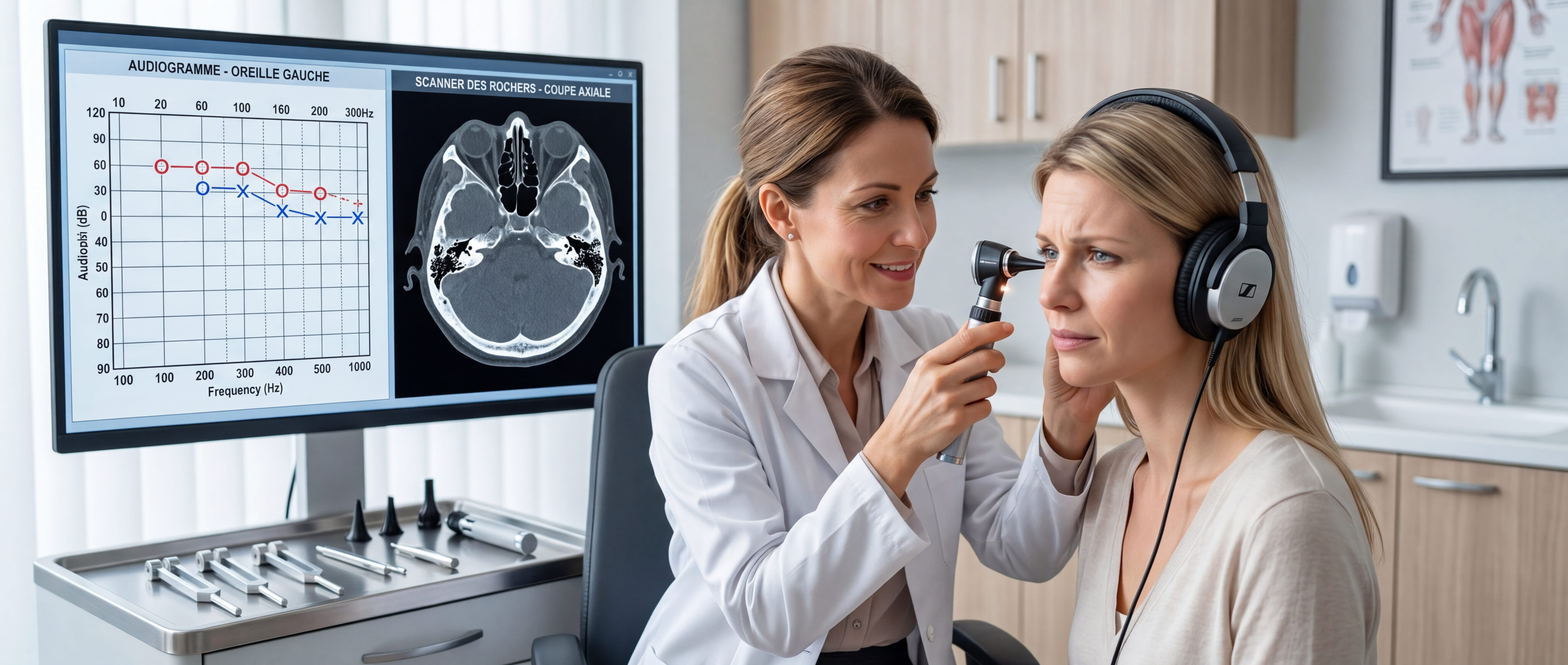 Médecin ORL examinant un patient dans un cabinet moderne avec casque audiométrique, écran affichant un audiogramme et un scanner de l’oreille, ambiance médicale professionnelle et rassurante.