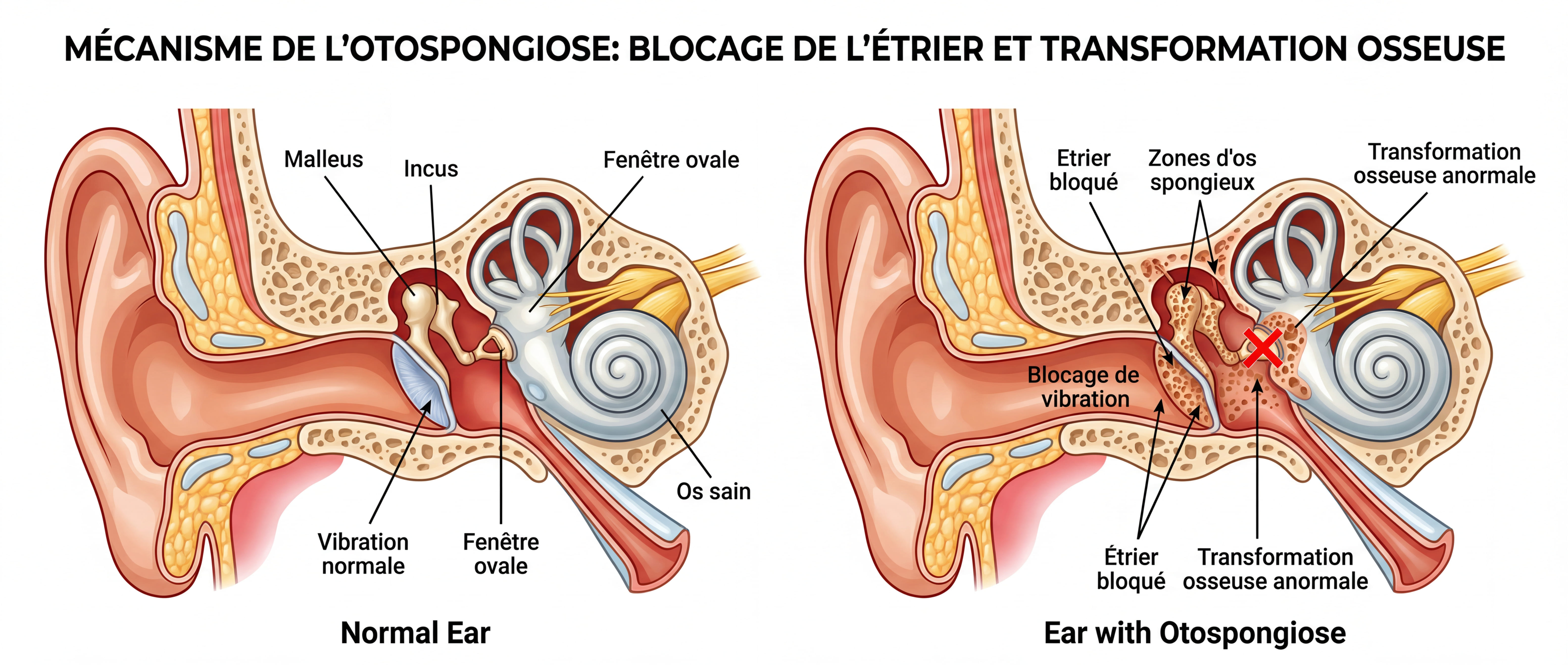 Illustration en coupe de l’oreille montrant l’otospongiose, avec transformation de l’os normal en zones spongieuses autour de l’étrier, bloquant la vibration, avec annotations et zones colorées en rouge et orange.