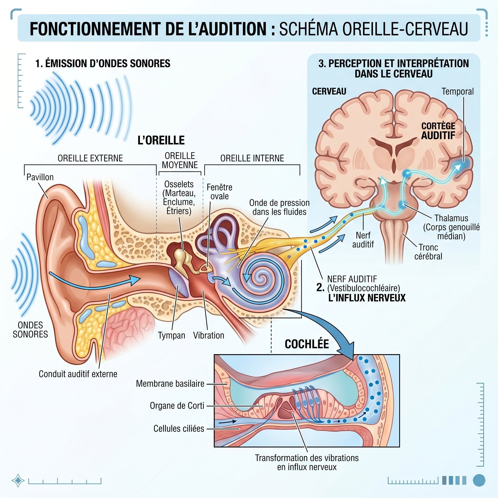 Schéma du trajet du son de l’oreille externe vers le cerveau via la cochlée et le nerf auditif