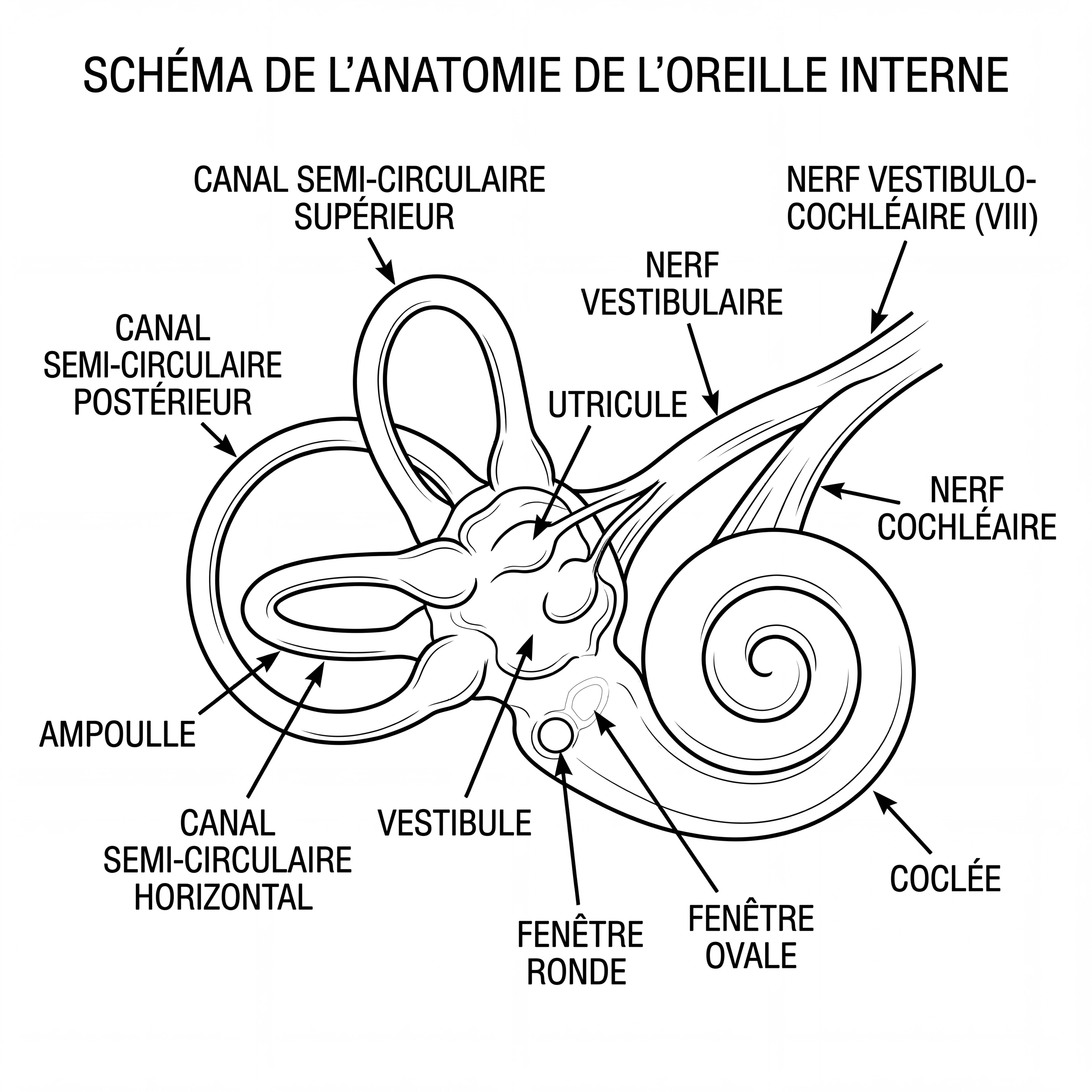 Schéma de l’oreille interne montrant la cochlée, le vestibule et les canaux semi-circulaires
