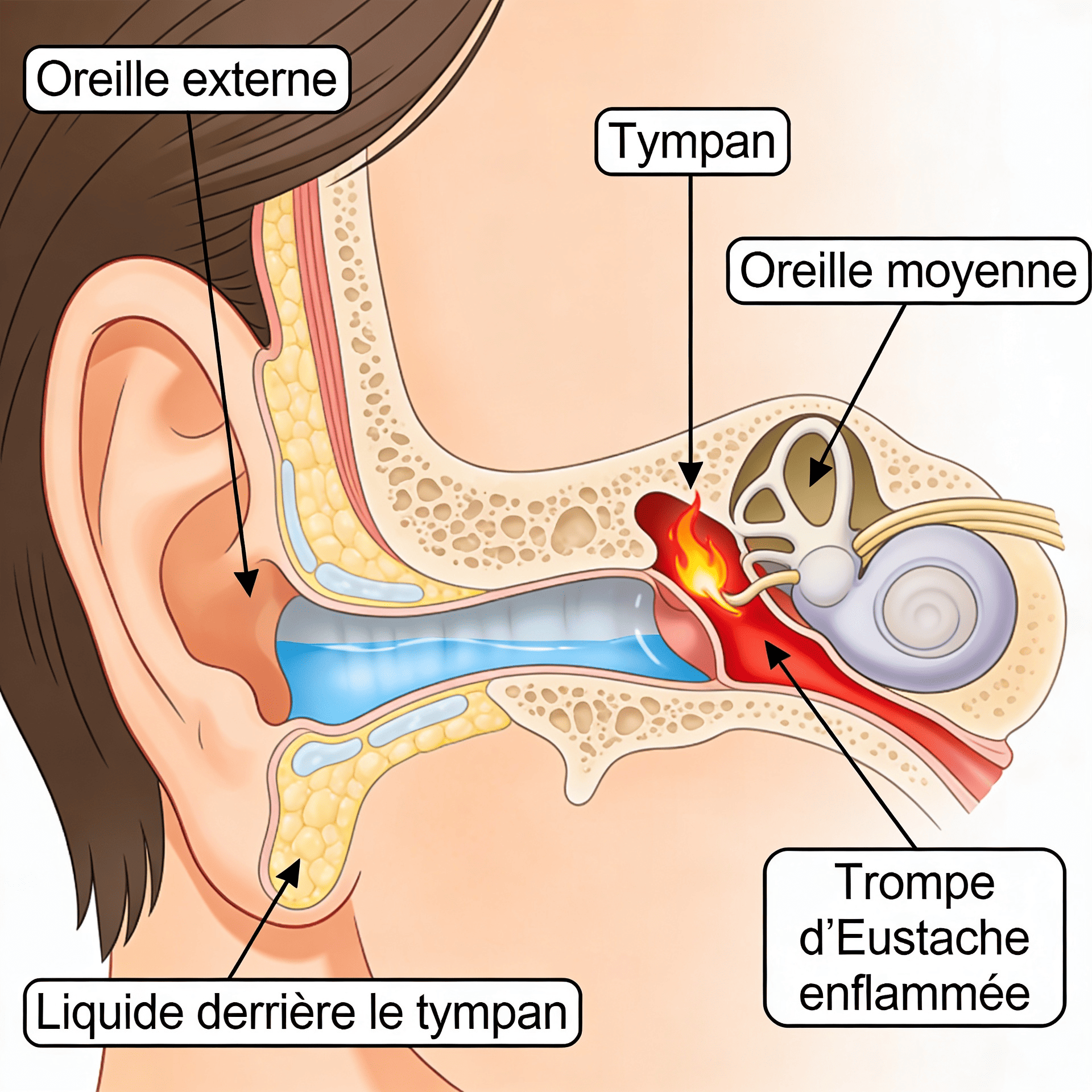 Coupe anatomique de l’oreille humaine montrant une otite moyenne aiguë avec inflammation et liquide derrière le tympan