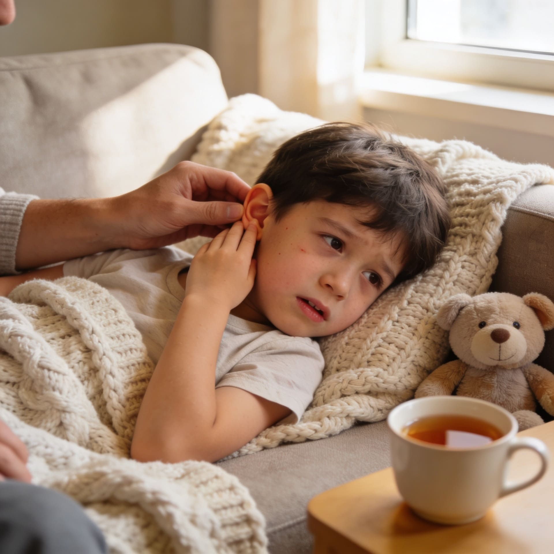 Jeune enfant fatigué et irritable se tenant l’oreille dans un salon, signe de douleur liée à une otite moyenne aiguë