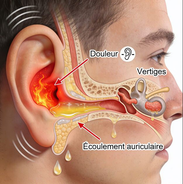 Illustration médicale montrant une otite chronique avec inflammation de l’oreille moyenne, liquide derrière le tympan et symptômes auditifs.
