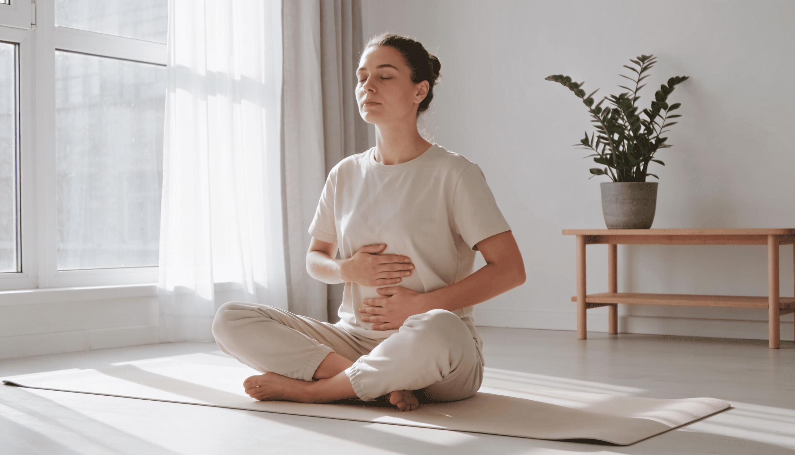 Femme pratiquant un exercice de sophrologie et de respiration contre les acouphènes