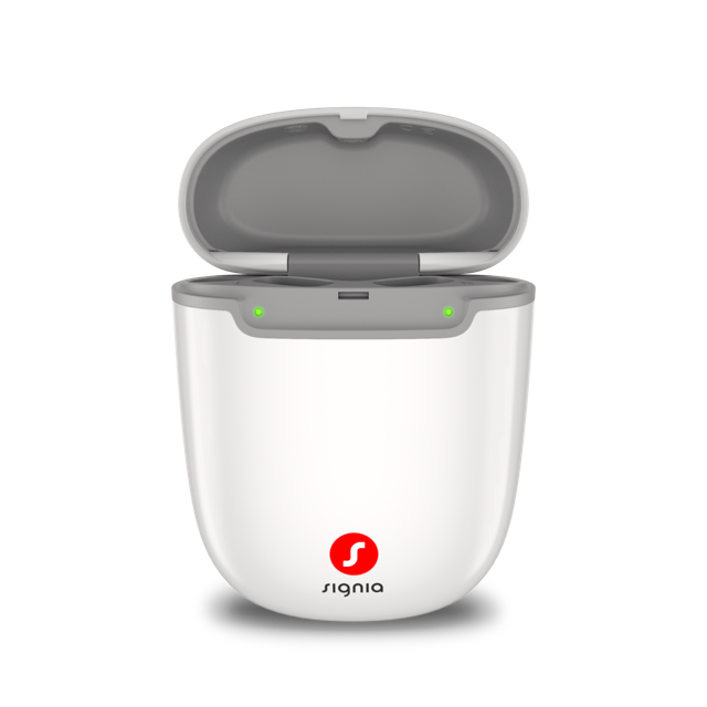Chargeur nomade Pure 2.0 ouvert avec les appareils auditifs Signia MaX